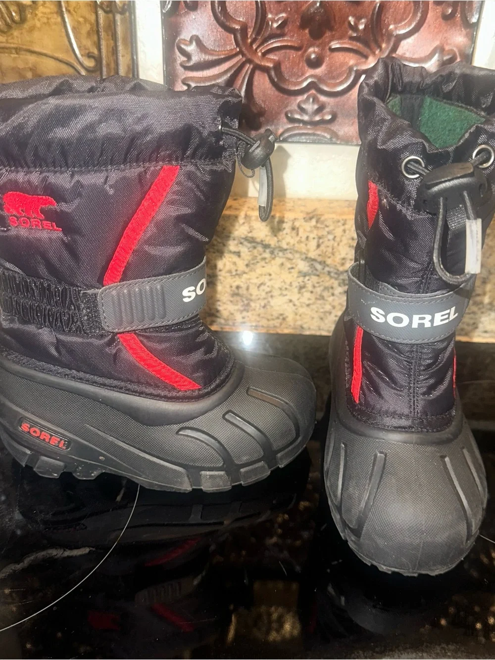 Sorel Size 9 Black/Red Youth Flurry Big Kid Winter Waterproof Snow Boots Velcro
